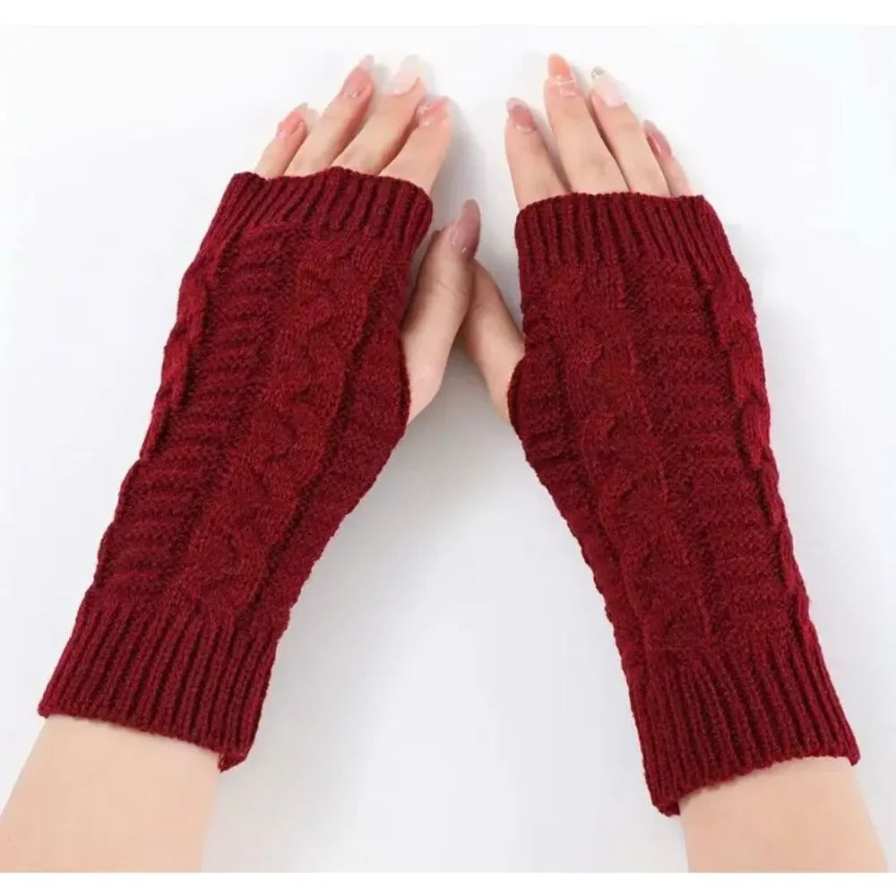 Women’s Cable Knit Fingerless Gloves Burgundy One Size
